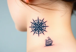 antique compass rose overlaid on weathered world map with sailing ships tattoo idea
