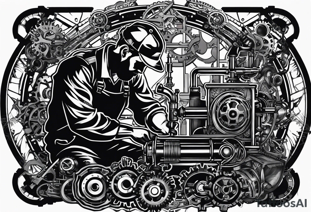 Create a silhouette of a mechanic working on a machine, surrounded by mechanical elements like gears and tools. tattoo idea