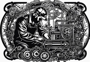 Create a silhouette of a mechanic working on a machine, surrounded by mechanical elements like gears and tools. tattoo idea