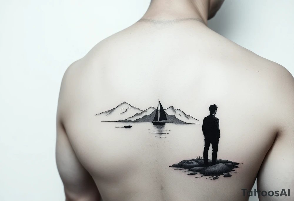 I want a minimalist design that will go on my right bicep, of a man's silhouette of a man on a shoreline, with a tree to his left, looking out at mountains in the distance, and a sailboat in the foreground tattoo idea