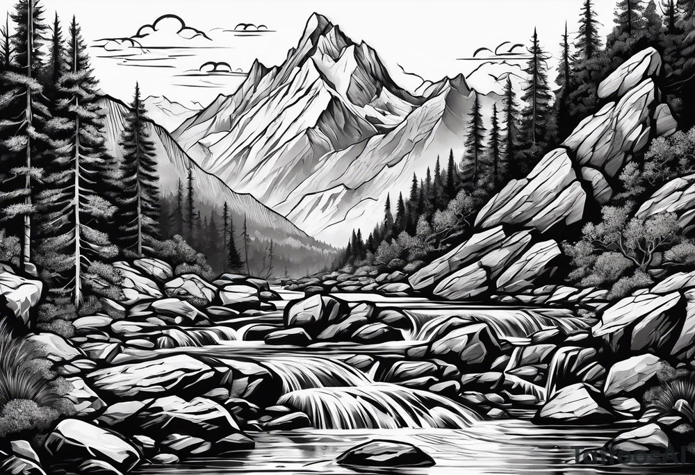 river running through rocks and mountains tattoo idea