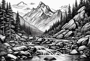 river running through rocks and mountains tattoo idea