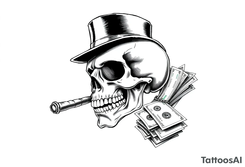 skull with mustache,a big cigar in his mouth,a top-hat on his head and alot of money in a hand. tattoo idea