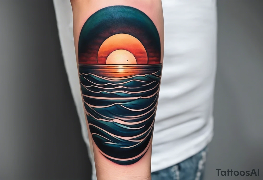This is an extremely simple and minimalistic tattoo on forearm horizontally. The tattoo is very wide on the forearm and not tall. From the perspective of being on the ocean, Water is calm, with no waves in sight, the sun is setting behind the ocean, reflecting light onto the ocean. tattoo idea