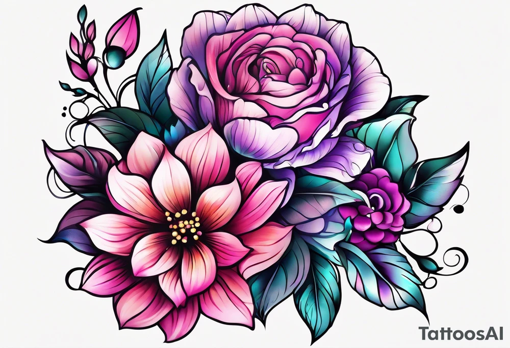 Bright, colorful, lots of pinks and purples flower arm tattoo tattoo idea