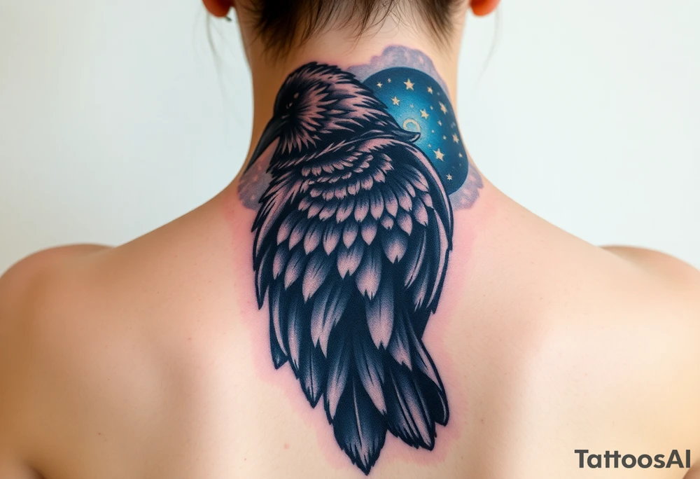 Raven with starry sky background with zodiac constellations in it with runes in sky tattoo idea