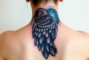 Raven with starry sky background with zodiac constellations in it with runes in sky tattoo idea