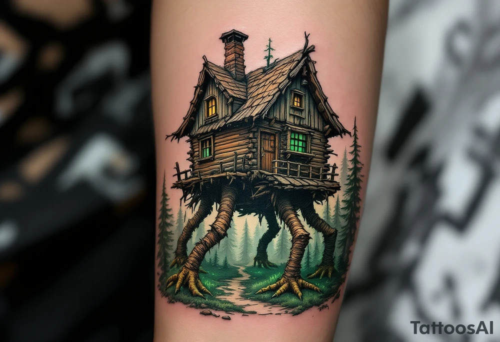 Baba Yaga’s Hut – A crooked wooden hut on giant chicken legs, in desaturated browns and grays, set in a misty pine forest with eerie green lighting. tattoo idea