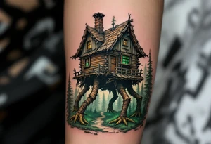Baba Yaga’s Hut – A crooked wooden hut on giant chicken legs, in desaturated browns and grays, set in a misty pine forest with eerie green lighting. tattoo idea