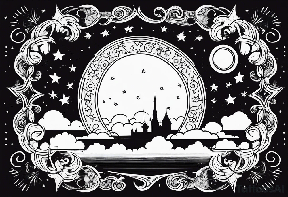 circle vignette frame surrounded by stars clouds tattoo idea