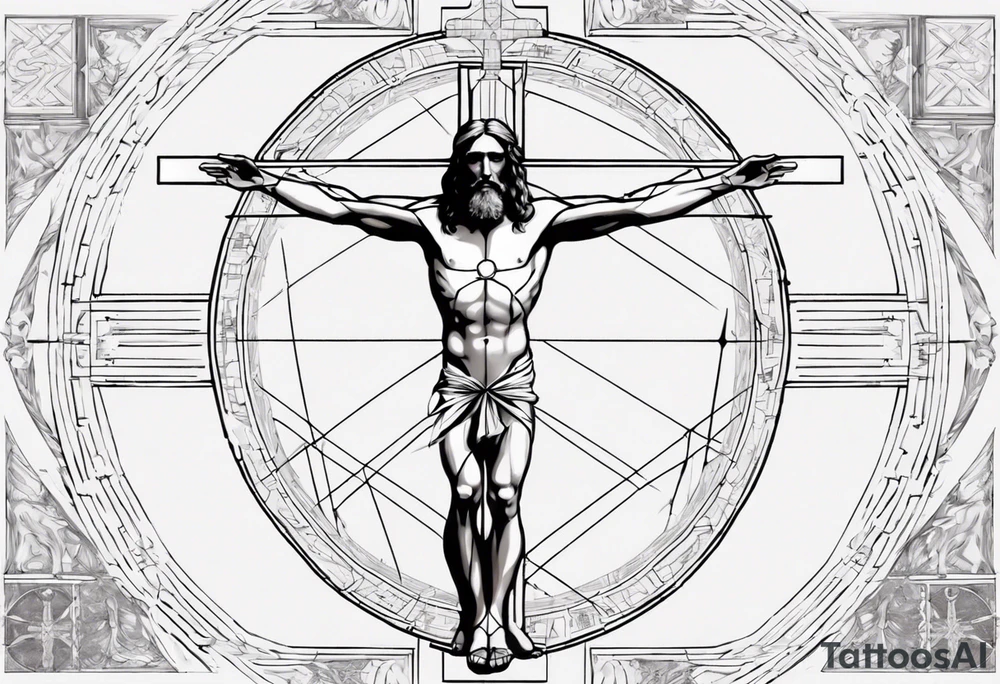 Heavy Geometric with Vitruvian man combined with Jesus on the cross tattoo idea