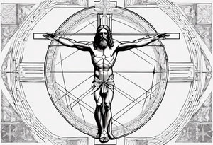 Heavy Geometric with Vitruvian man combined with Jesus on the cross tattoo idea