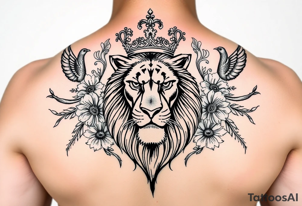 powerful majestic lion with a crown, surrounded by floral ornaments and birds tattoo idea