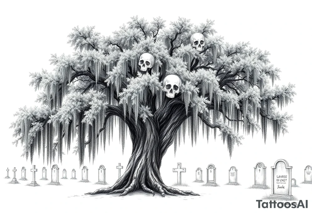 Laurel oak with Spanish moss in a cemetery tattoo idea