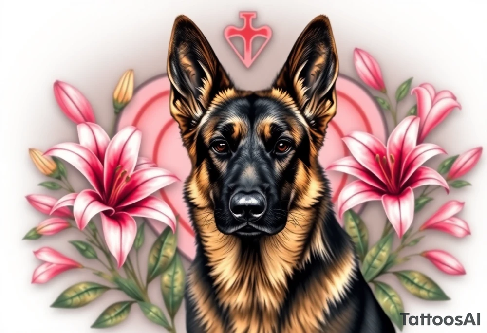 realistic german shepherd with alert ears looking protective surrounded by pink lilies with leaves in front of a sacred heart tattoo idea