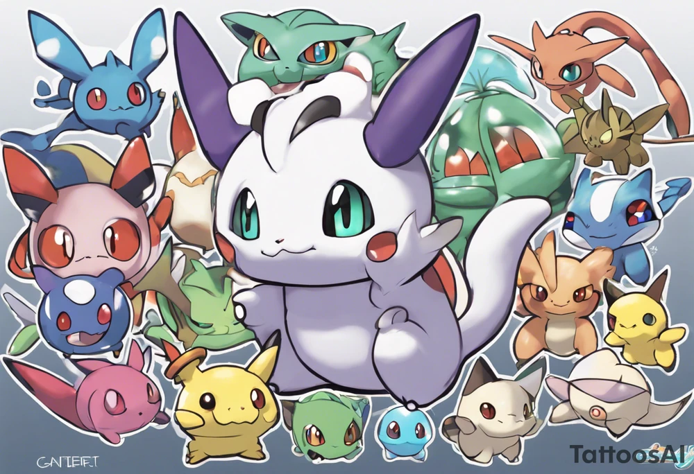 Mew*
Dratini*
Dragonair*
Dragonite*
Victini*
Applin*
Flapple*
Dragapult*
Cynthia and Garchomp
Meloetta
Jigglypuff*
Gengar*
Furret
Ampharos*
Sharpedo
Flygon 
Gothitelle
Chandelure 
Haxorus
Tyrunt 
Rowlet*
Salandit 
Togedamaru*
Mimikyu*
Drampa tattoo idea