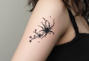 the flower spider lily from demon slayer and add cherry blossoms wrapped around upper arm tattoo idea