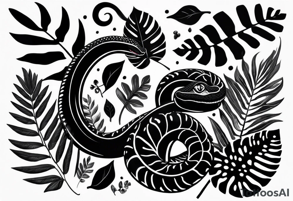 I want a monochrome tattoo in black gradients featuring a snake subtly hidden among the leaves of Raphidophora and Monstera. The snake should be coiled and partially visible, blending harmoniously with the detailed, large leaves of the plants. The Monstera leaves should have natural holes, while the Raphidophora leaves should be long and pointed. The overall style of the tattoo should be realistic, with shading and black gradients to create an elegant and mysterious effect."out thé tatoo on a black arm tattoo idea