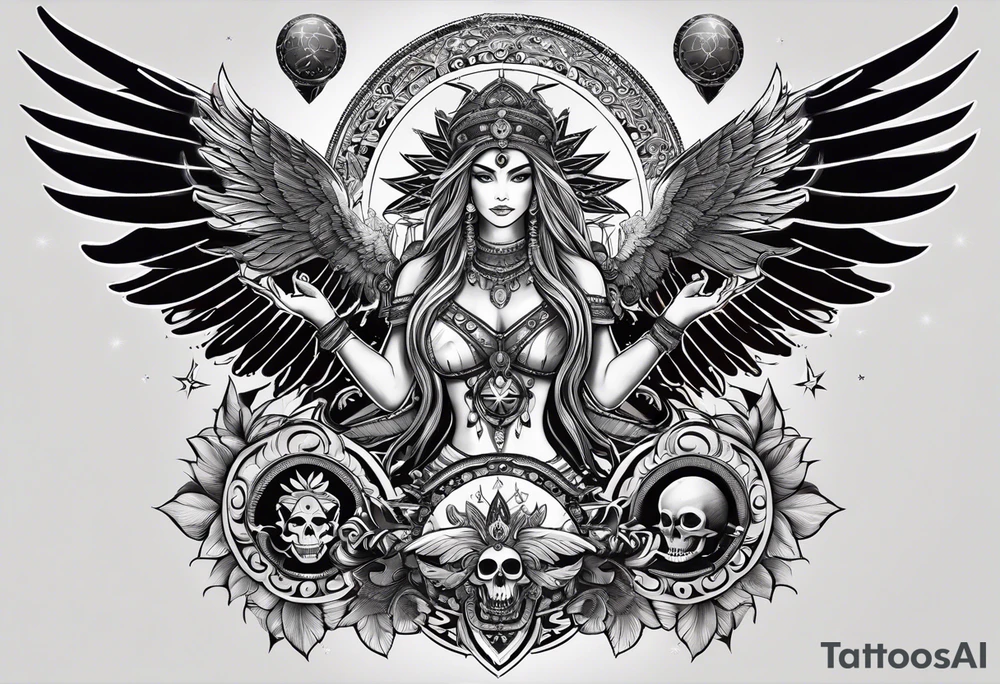 black kali, goddess pirate, alien, angel, pachamama, valkrye, warrior, flying, skull, lotus azul, wing, eagle, zenza resonance, stars, 5D, anahata chakra tattoo idea