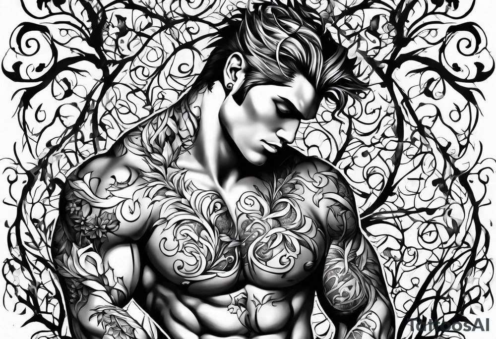 vines coming from skin and wrapping around body. front torso (chest, abs) male tattoo idea