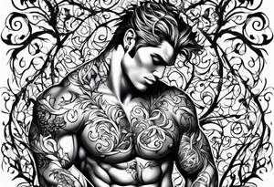 vines coming from skin and wrapping around body. front torso (chest, abs) male tattoo idea