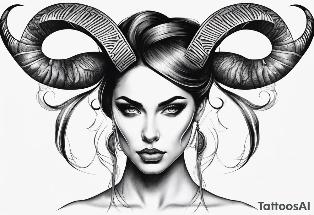 symmetrical woman head with curved horns facing downwards dark realism looking front facing view tattoo idea