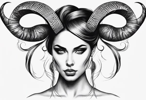 symmetrical woman head with curved horns facing downwards dark realism looking front facing view tattoo idea