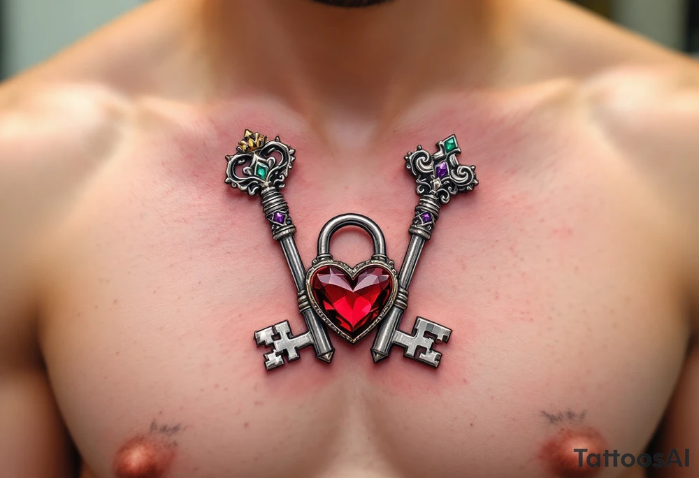 Two crossed keys placed above a large heart-shaped lock, each key featuring different ornamental details, like crowns or intricate scrolls. Silver for the keys with touches of royal purple and emerald green for ornamental accents, and a ruby-red lock. tattoo idea