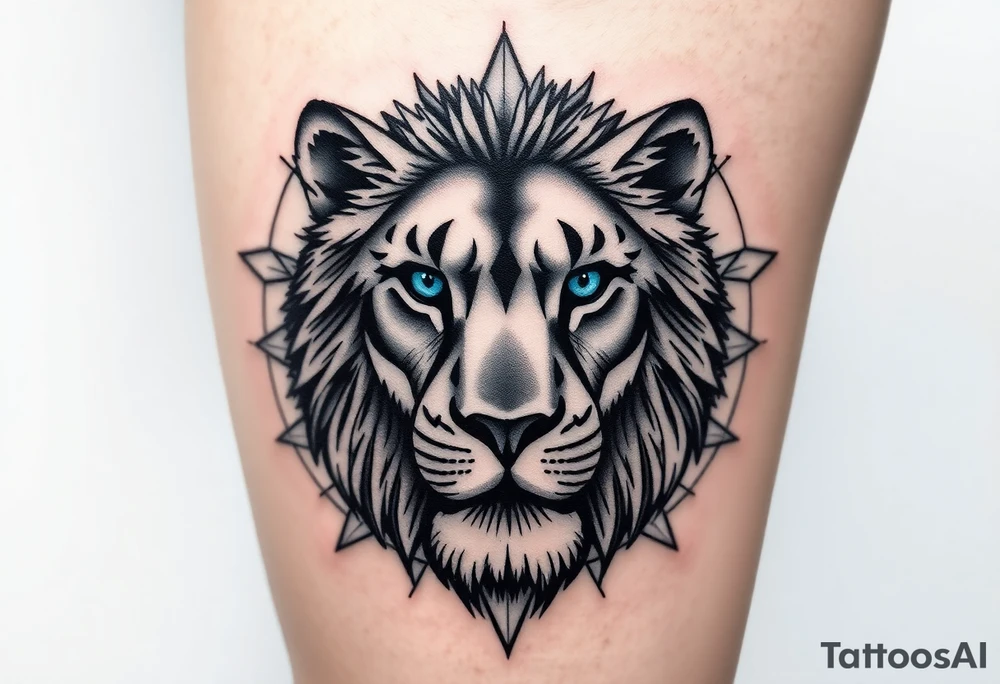 Lions face in a more realism style. Placement is on the back of the leg. Blend elements of curiosity and exploration through nature elements (forest, water, etc). Also add in geometric patterns around the lion. Make the eyes blue. Hide the date 03.12.2025 in Roman numerals somewhere in the geometric patterns. Think real hard and creatively tattoo idea