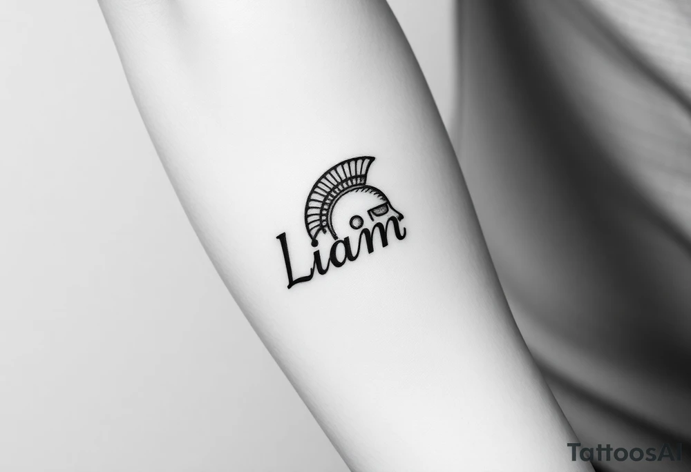 The name Liam inside a warriors helmet tattoo idea