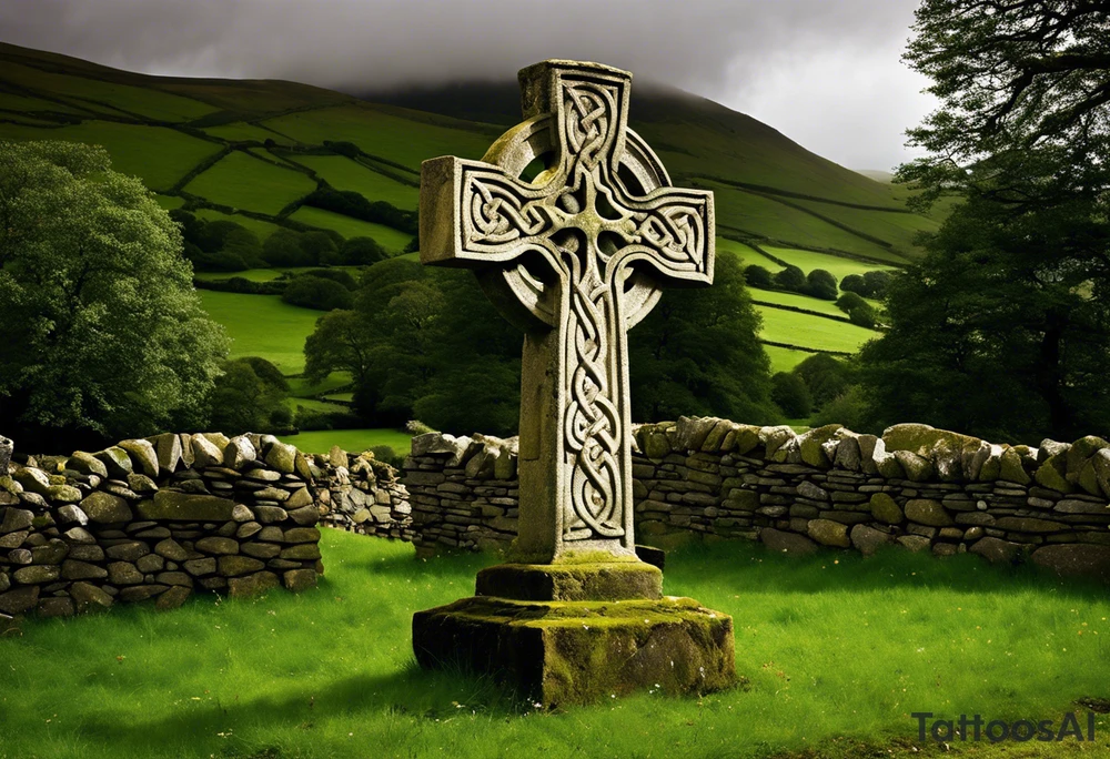A weathered and aged stone Celtic cross, standing alone in melancholic silence at the base of a ruined stone wall. The cross, with its intricate knotwork and spiral designs, seems to stand as a testament to a forgotten past. Its surface is etched with time, bearing the scars of countless storms and harsh elements. The base of the cross is engraved with the name of a long-forgotten priest or noble, now reduced to little more than illegible scratches. The ruined stone wall behind it stretches out in all directions, covered in moss and lichen, with only a few crumbling sections still standing tall. The remnants of a graveyard can be seen beyond the wall, with overgrown headstones and unkempt grasses swaying in the gentle breeze. The sky above is cloudy and ominous, casting a pale gray light over the scene, adding to the air of melancholy that pervades the image. The wind whispers through the stones, rustling the leaves of a few remaining trees and causing the stone cross to creak and groan softly, as if it too were alive and mourning the loss of its past. tattoo idea