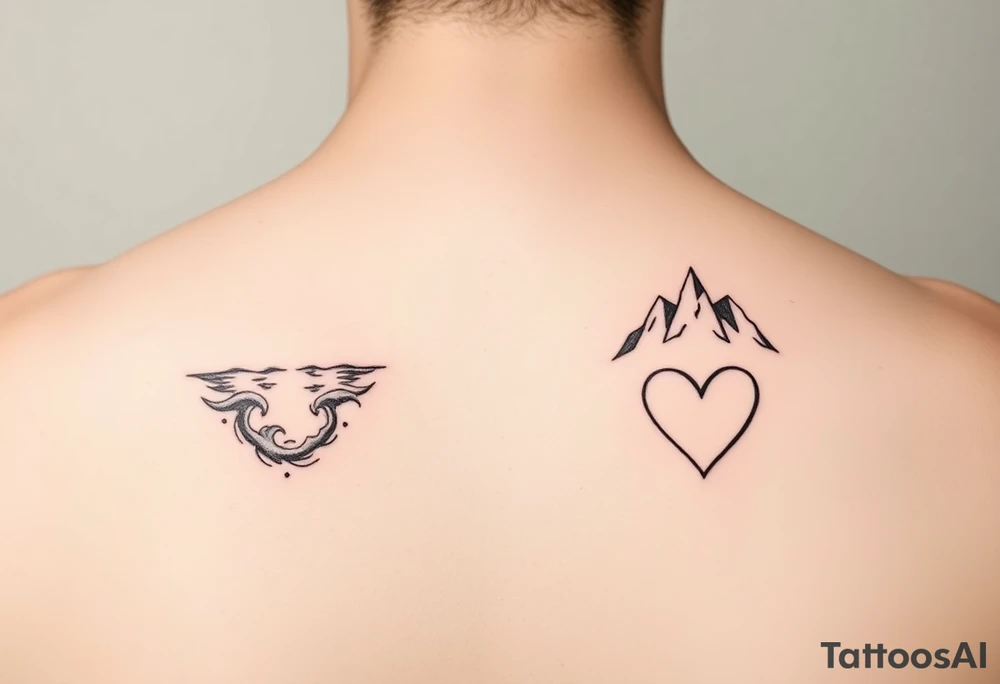 Small and simplistic milestone birthday couples tattoos, one with a water theme, one with a mountain theme and both having a heart. tattoo idea