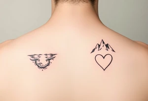 Small and simplistic milestone birthday couples tattoos, one with a water theme, one with a mountain theme and both having a heart. tattoo idea