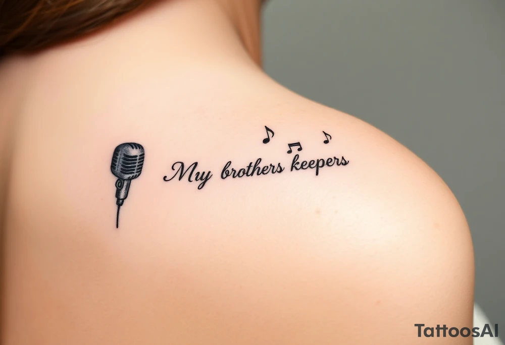 A microphone end of cord drawing the words “My brothers keeper” and music notes tattoo idea