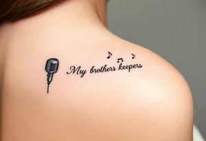 A microphone end of cord drawing the words “My brothers keeper” and music notes tattoo idea