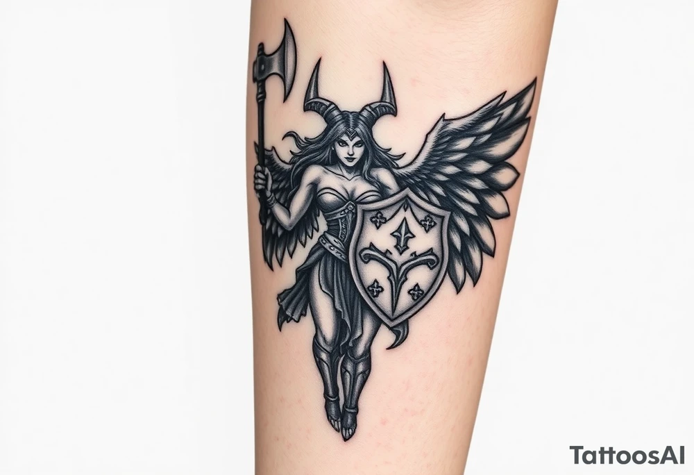 A fierce looking Valkyrie with very big dark wings. The whole body with legs should be visible. 
She's wielding a menacing axe and a sturdy shield with a vegvisir symbol. tattoo idea