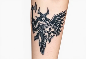 A fierce looking Valkyrie with very big dark wings. The whole body with legs should be visible. 
She's wielding a menacing axe and a sturdy shield with a vegvisir symbol. tattoo idea