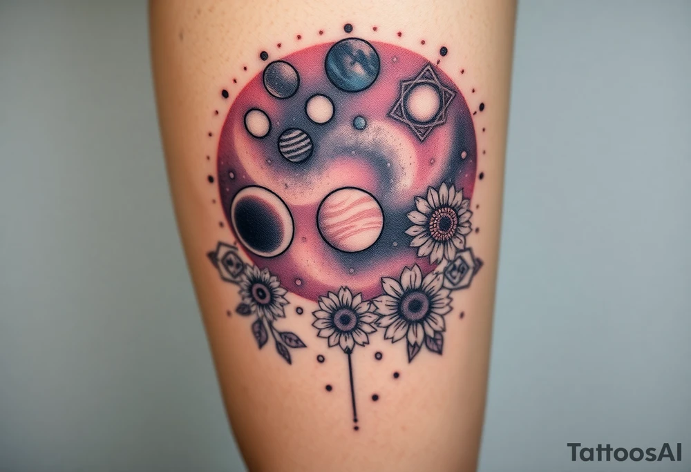 Milky way galaxy with planets with zodiac symbols and protection runes in it with tigerlillies roses and sunflowers tattoo idea