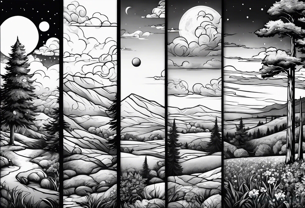 I want a arm sleeve where the sky is the background like the Calvin and Hobbes picture of them looking up at the sky tattoo idea