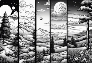I want a arm sleeve where the sky is the background like the Calvin and Hobbes picture of them looking up at the sky tattoo idea