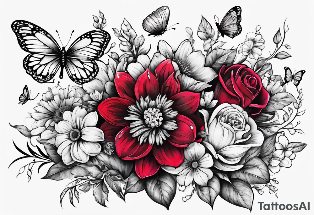 Flowers field with "Ruby" in calligraphy font and butterflies around it tattoo idea