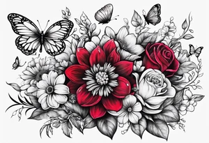 Flowers field with "Ruby" in calligraphy font and butterflies around it tattoo idea