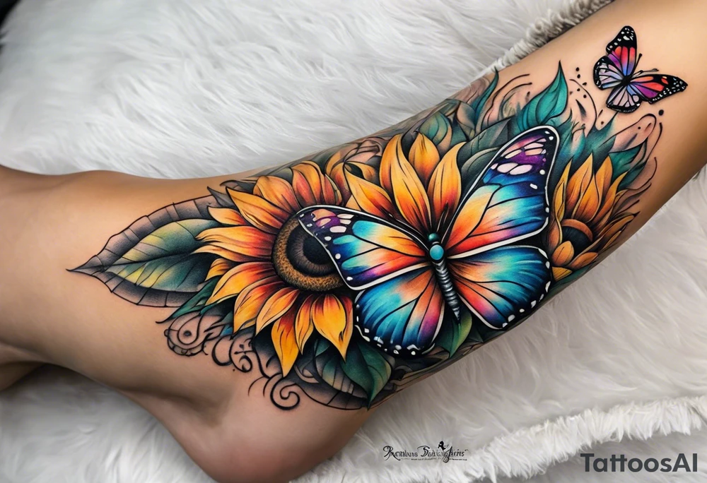 Leg sleeve with dreamcatcher, rainbow sunflowers and one butterfly tattoo idea