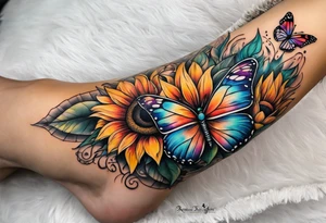 Leg sleeve with dreamcatcher, rainbow sunflowers and one butterfly tattoo idea