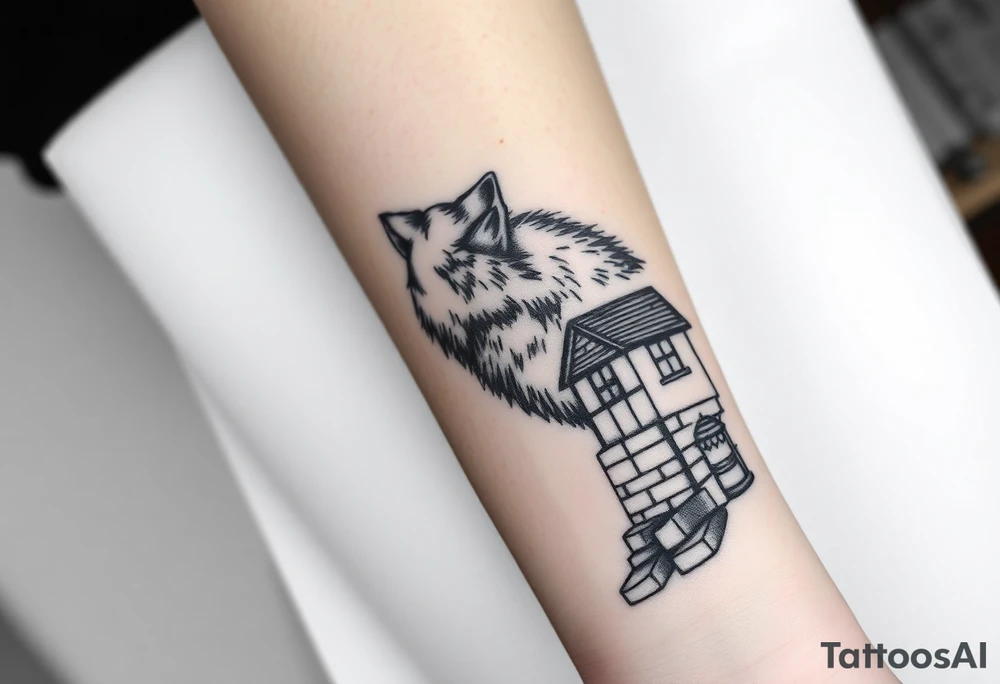 Big  wolf  blowing down   a brick house tattoo idea