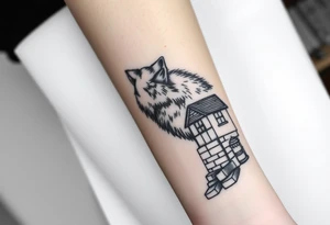 Big  wolf  blowing down   a brick house tattoo idea