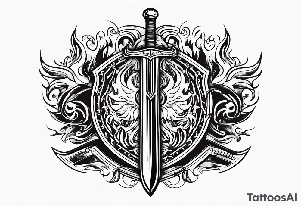 Valhalla flames shield sword tattoo idea
