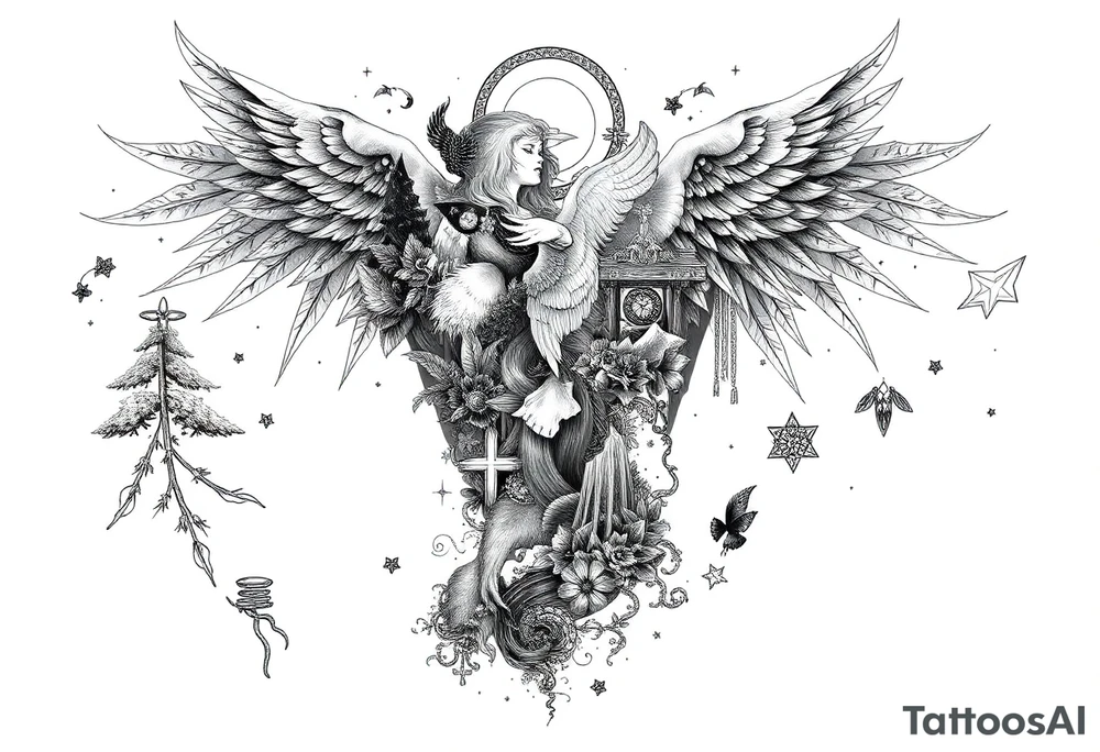 Black and white full-body tattoo concept in a unified, artistic composition. The design subtly blends together hidden elements from anime (Naruto, One Piece, etc.), ancient mythology (Norse, Greek), nature (trees, wind, mountains, water), angelic figures, and spiritual symbols. Each component is woven into the overall image like a visual puzzle – not all details are visible at first glance. The style should be intricate, flowing, and surreal, like a dreamlike mural across the body. The design must appear as one large cohesive artwork, made of soft shadows, fine linework, and smooth transitions tattoo idea