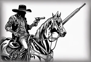 skeleton with a cowboy hat, holding a revolver, in the background there's a western hill and a man on a horseback tattoo idea