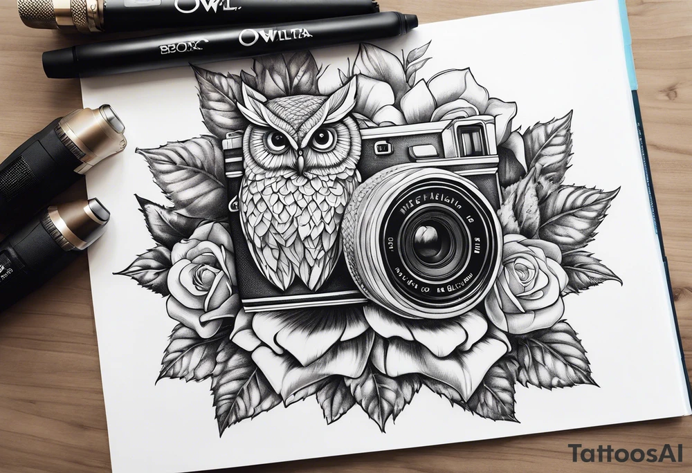 Sunflower, camera, book, owl, flower rose tattoo idea
